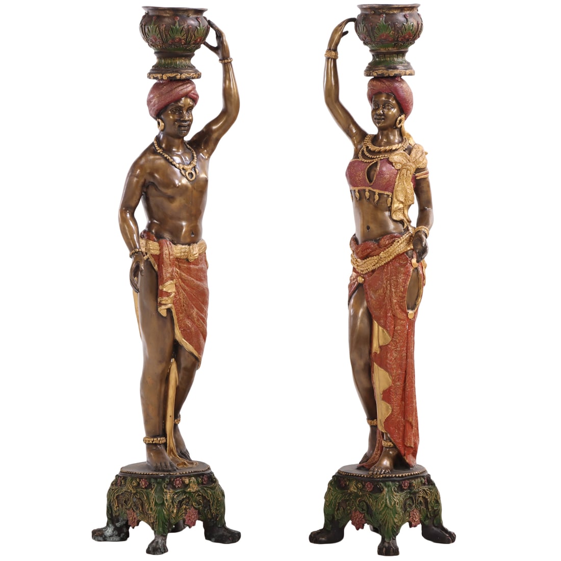 PAIR TALL BRONZE BLACKAMOOR FLOOR LAMPS HAVING POLYCHROME DECORATION C 1990.: Pair tall Bronze Blackamoor floor lamps having polychrome decoration c 1990. Ht: 56.5" Wd: 13" Dpth: 11.75"