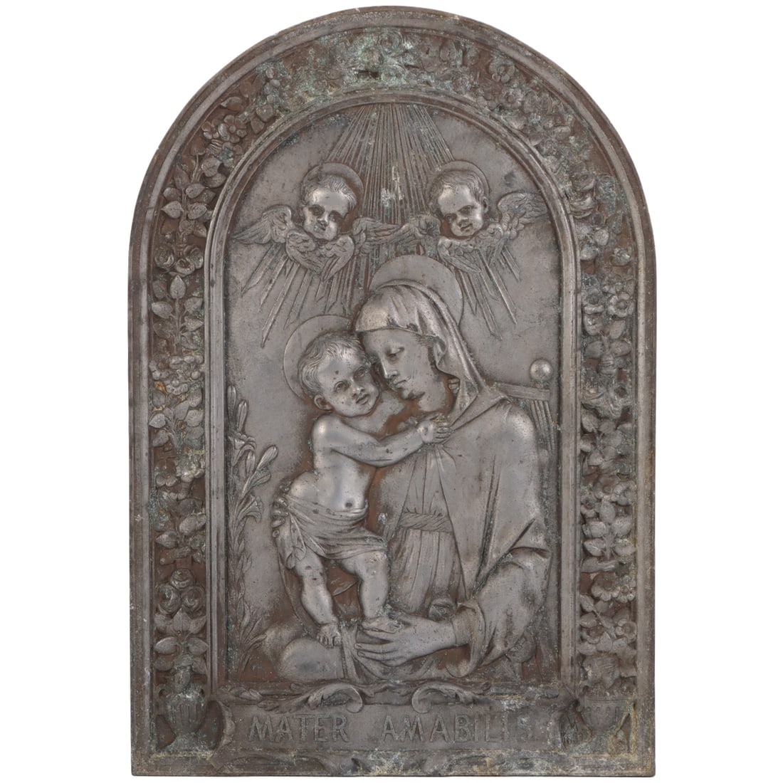 ANTIQUE PLAQUE OF THE MADONNA AND CHILD, CAST METAL INSCRIBED MATER AMABILIS C. 19TH CENTURY.: Antique plaque of the Madonna and Child, cast metal inscribed Mater Amabilis c. 19th century. Ht: 13.75" Wd: 9.5" Dpth: 0.5"
