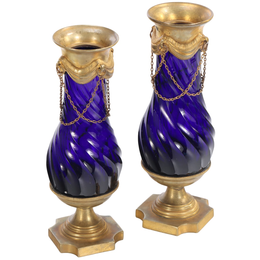 PAIR OF FRENCH BRONZE MOUNTED COBALT GLASS VASES C. 19TH CENTURY.: Pair of French bronze mounted cobalt glass vases c. 19th century. Ht: 7.5" Wd: 2.5" Dpth: 2.5"