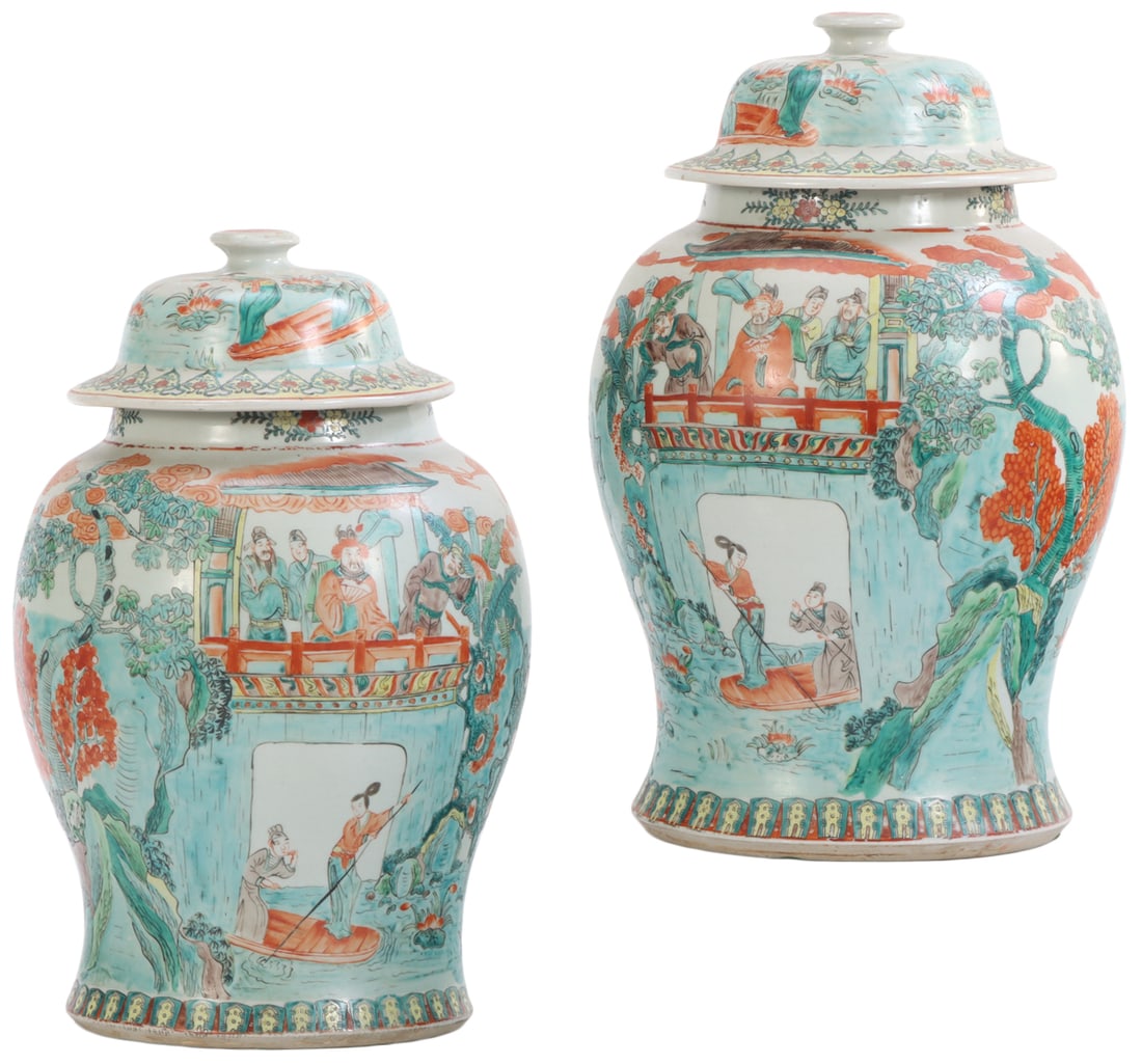 PAIR OF CHINESE PORCELAIN GINGER JARS HAVING FAMILLE VERTE PATTERN C. 20TH CENTURY. (1 of 5)