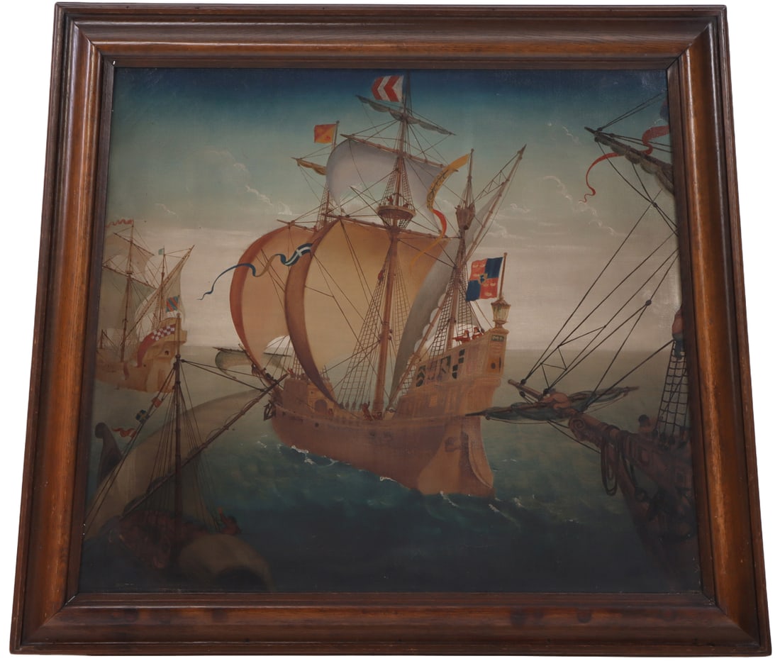 LARGE PAINTING OF A GALLEON SHIP, OIL ON CANVAS, HOUSED IN OAK FRAME C. 20TH CENTURY. (1 of 6)