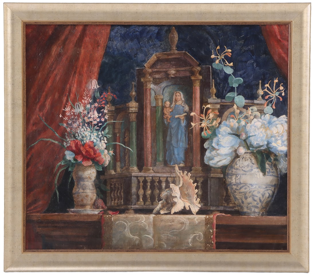 GEORGE MARIE BALTUS (BELGIAN 1870-1967) "PETITE VIERGE" OIL ON CANVAS, EXHIBITION LABELS ON: George Marie Baltus (Belgian 1870-1967) "Petite Vierge" oil on canvas, exhibition labels on reverse c. 1910. Interior- Ht: 27.5", Wd: 32". Ht: 33" Wd: 37.5" Dpth: 1.75"