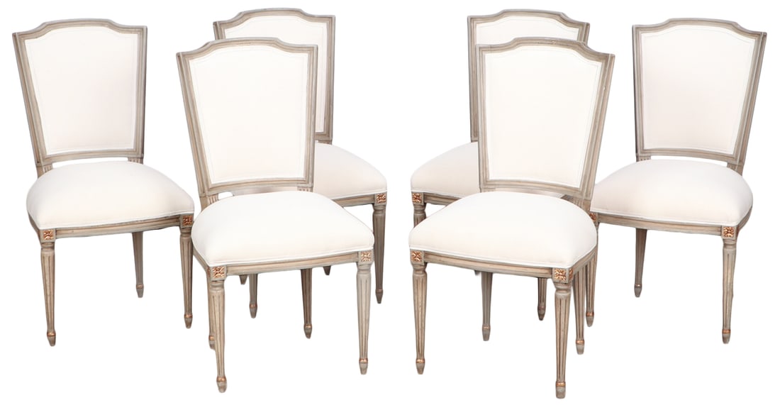 SIX PAINTED FRENCH LOUIS XVI STYLE DINING ROOM CHAIRS C 1940 HAVING NEW FABRIC. (1 of 7)