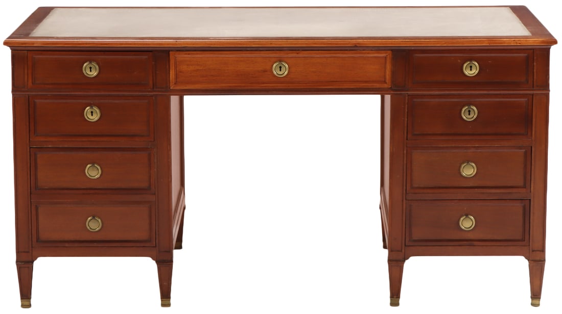 MAHOGANY LOUIS XIV STYLE LEATHER TOP WRITING DESK BY NORDISKA C 1950 HAVING BRONZE HARDWARE. (1 of 6)
