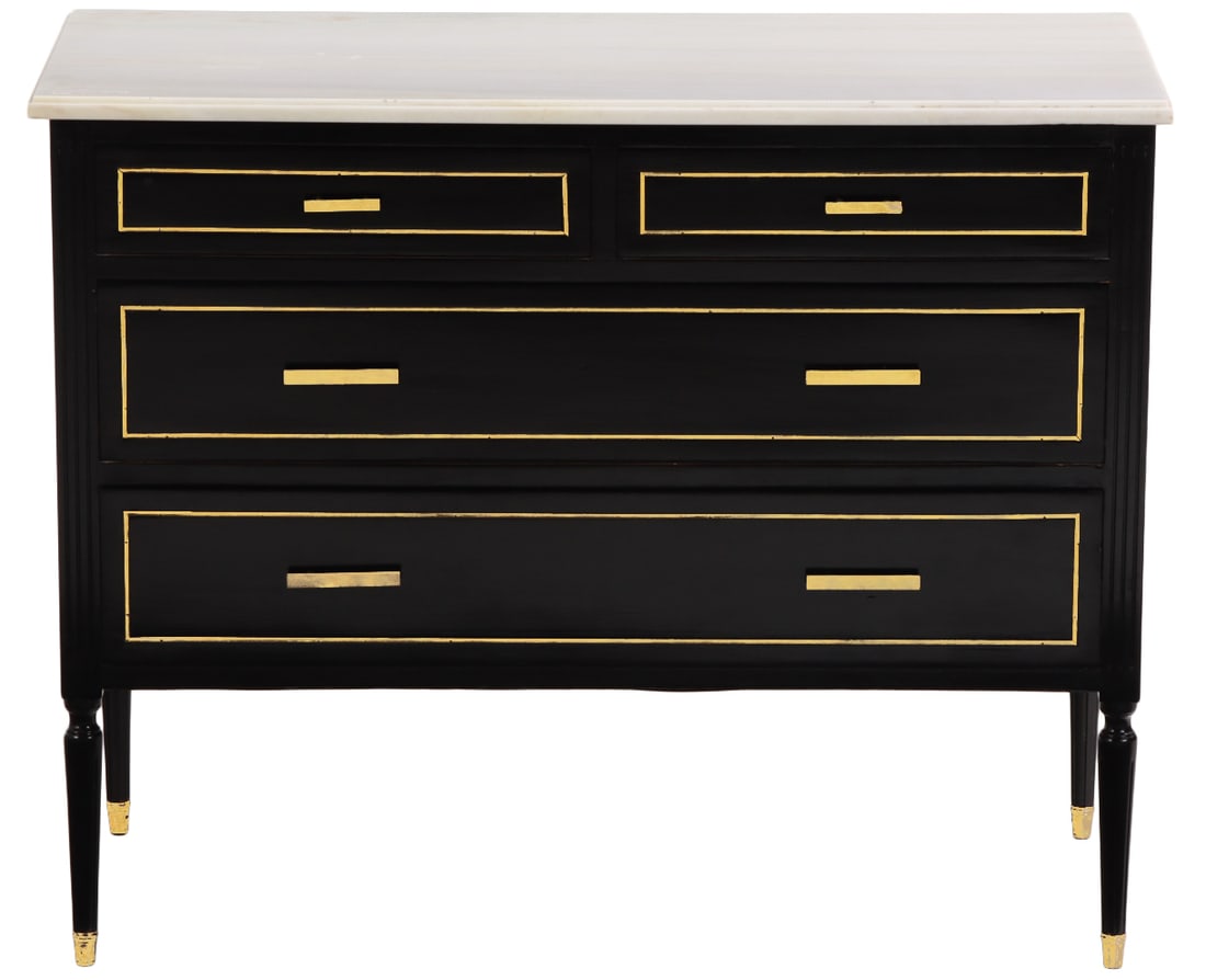 FRENCH DIRECTOIRE STYLE EBONIZED AND BRONZE MOUNTED DRESSER HAVING A MARBLE TOP C 1950.: French directoire style ebonized and bronze mounted dresser having a marble top C 1950. Ht: 31.5" Wd: 39.25" Dpth: 18.5"