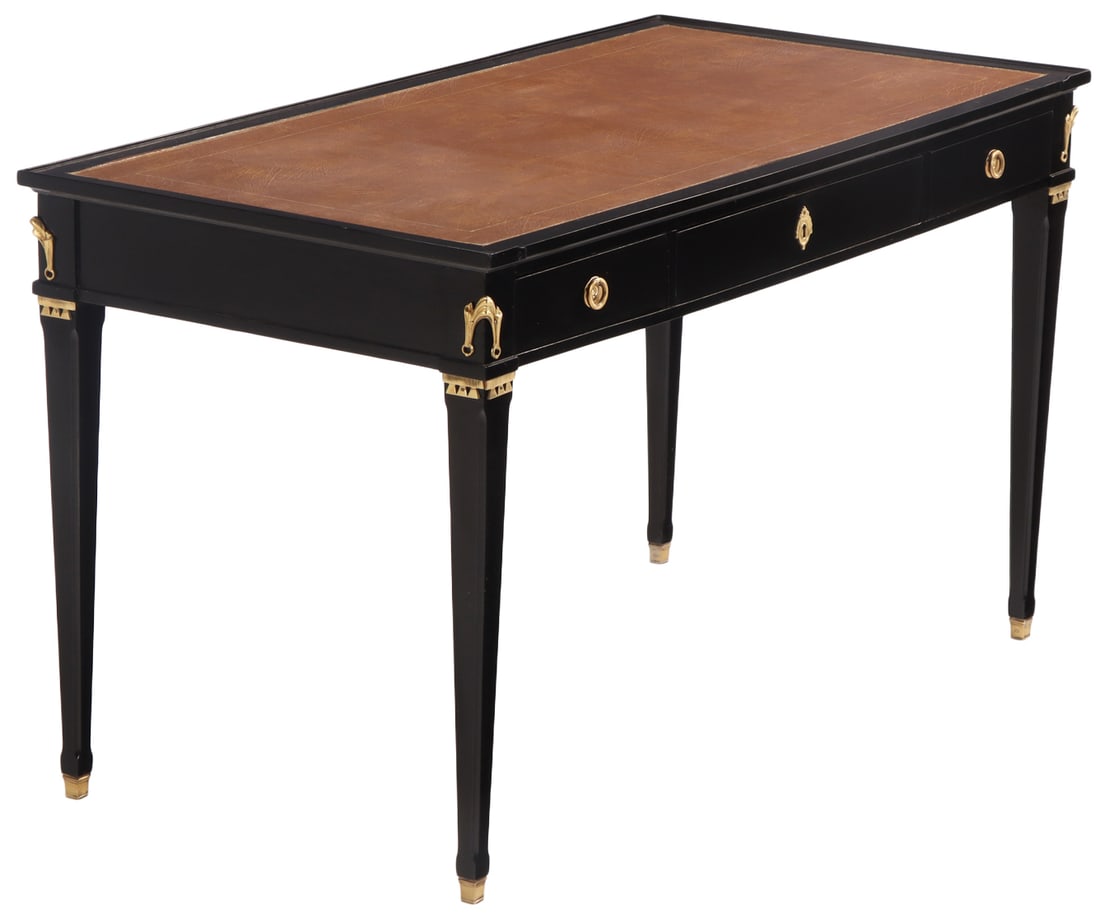 FRENCH DIRECTOIRE STYLE EBONIZED MAHOGANY LEATHER TOP BRONZE MOUNTED WRITING TABLE WITH THREE (1 of 7)