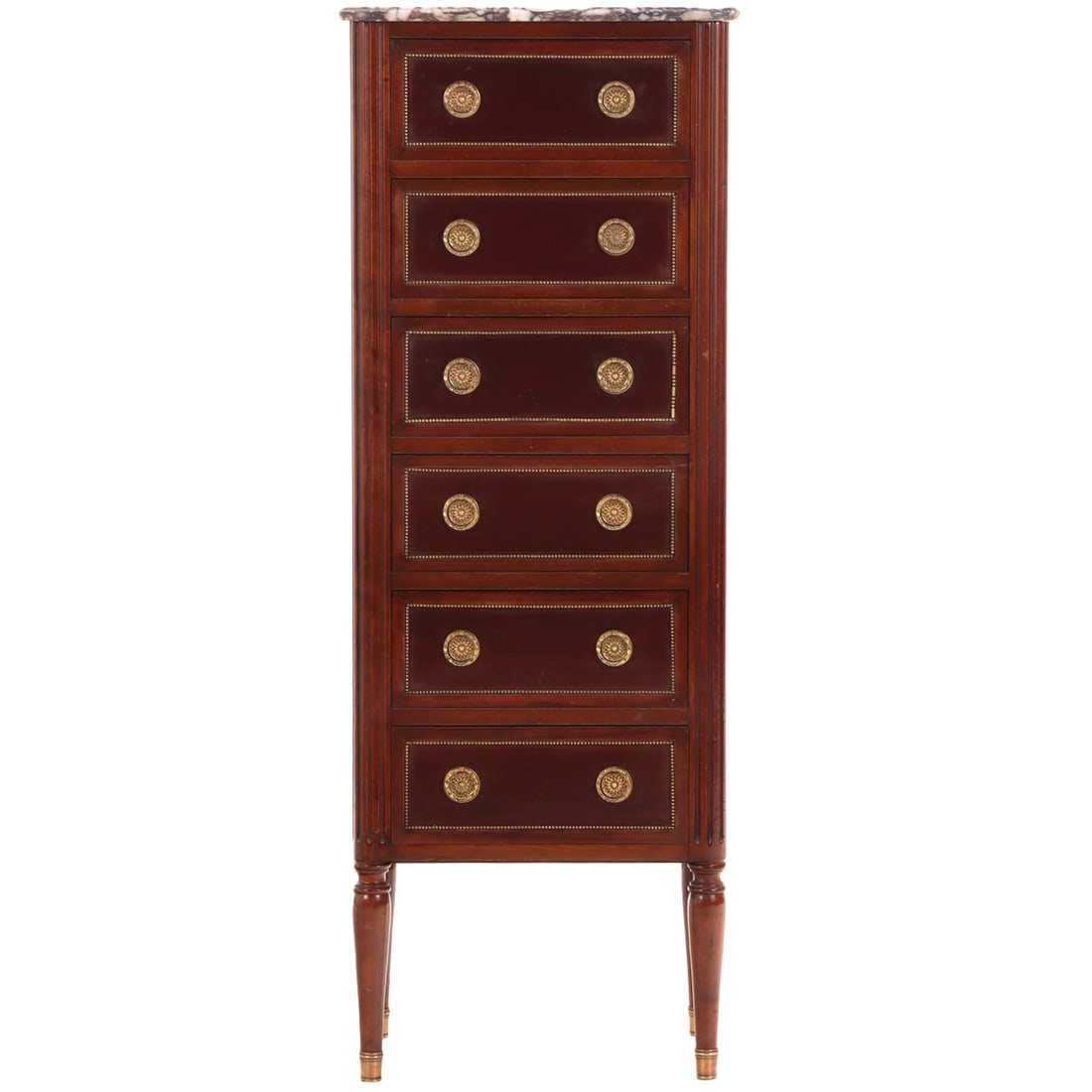 NARROW FIVE DRAWER MAHOGANY CHEST IN THE LOUIS XVI STYLE HAVING BRONZE BEAD MOLDING AND A NICELY (1 of 5)