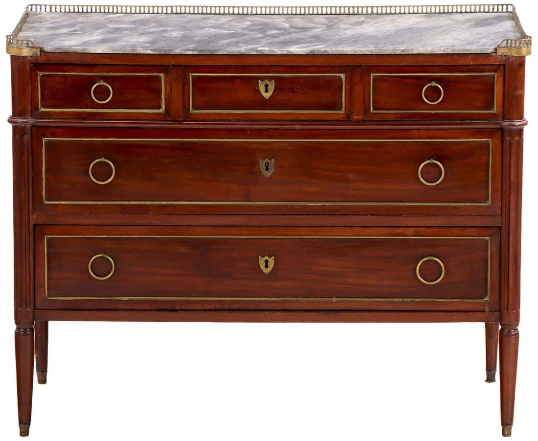 FRENCH MAHOGANY NINETEENTH CENTURY DIRECTOIRE STYLE MARBLE TOP DRESSER WITH BRASS GALLERY AND (1 of 7)