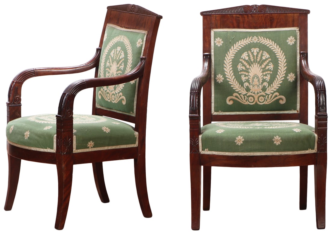 PAIR NINETEENTH CENTURY CARVED MAHOGANY FRENCH RESTORATION OPEN ARM CHAIRS. (1 of 8)
