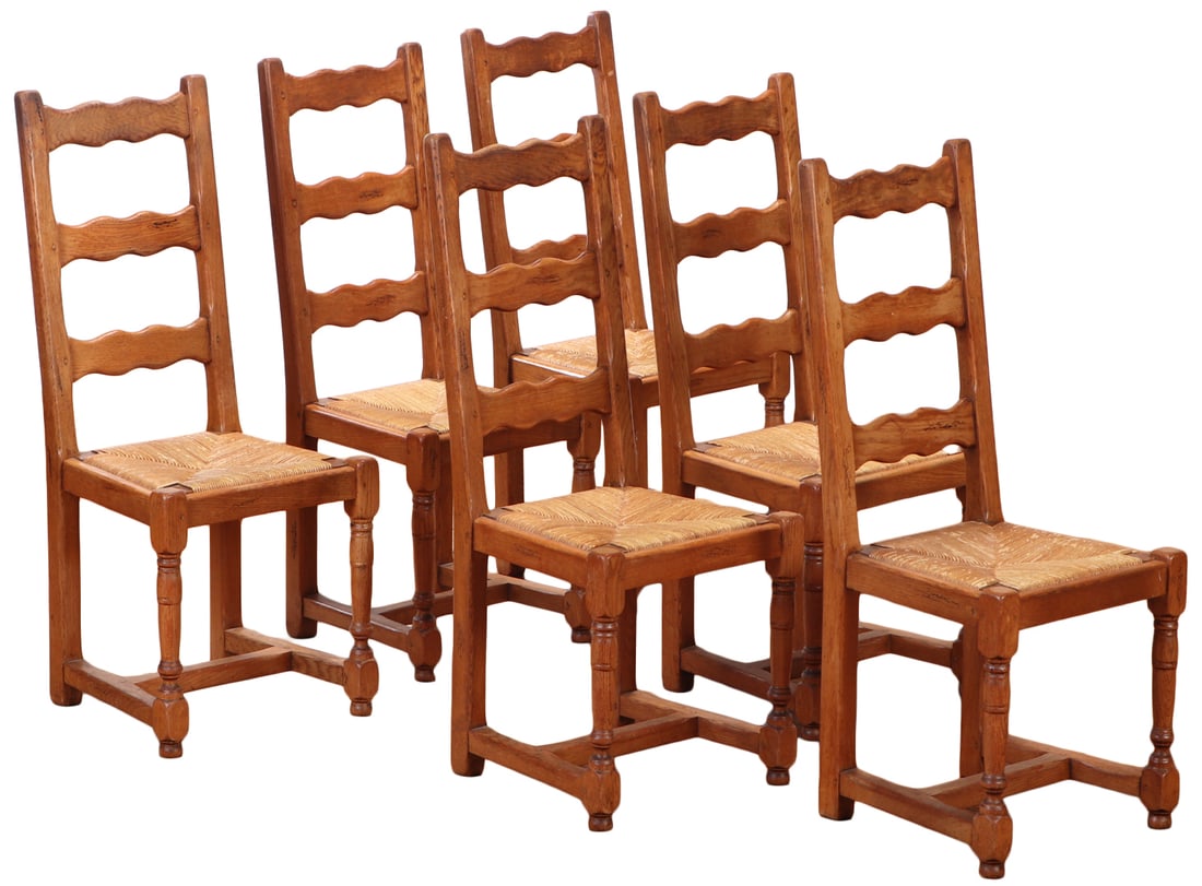 SIX FRENCH ELM AND RUSH DINING CHAIRS C 1940 HAVING NICELY SHAPED SLATS. (1 of 8)