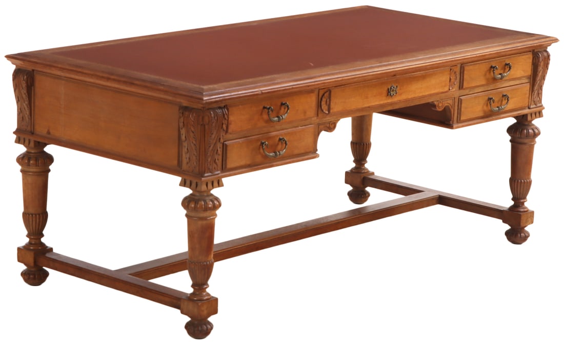 QUALITY FRENCH MAHOGANY LEATHER TOP EXECUTIVE DESK HAVING OAK SECONDARY WOOD AND CARVED ACANTHUS (1 of 8)