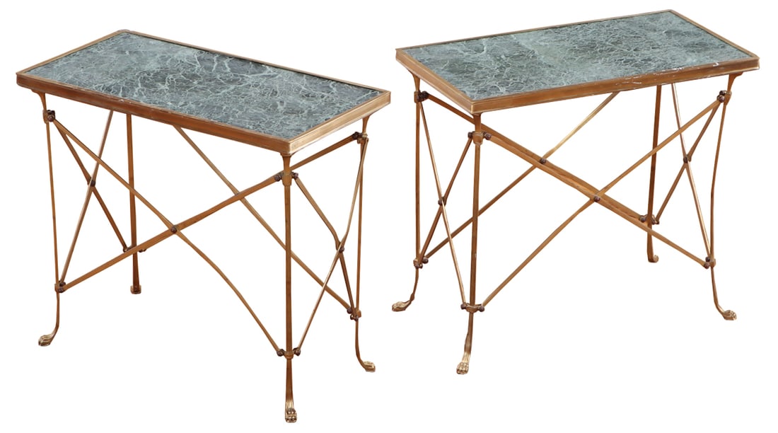 PAIR BRASS AND MARBLE NEO-CLASSICAL STYLE TABLES HAVING PAW FEET. (1 of 5)