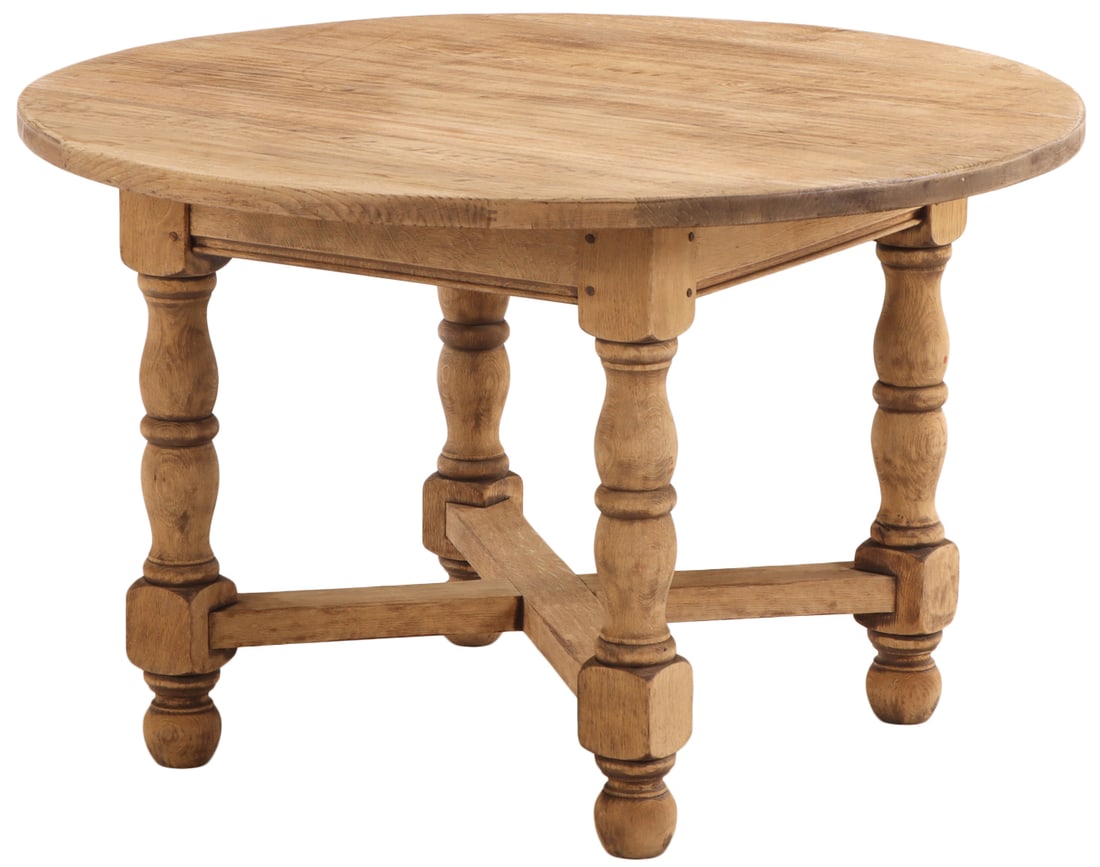 ROUND FRENCH SOLID OAK TABLE HAVING TURNED LEGS C 1940. (1 of 4)