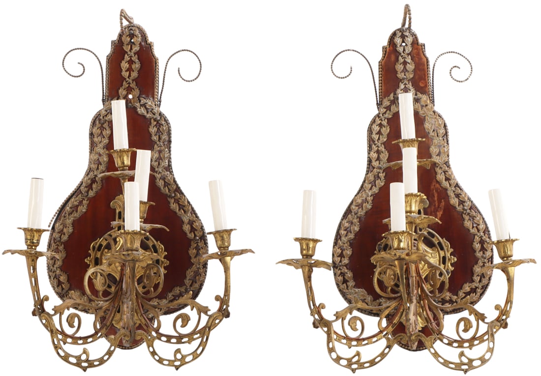 PAIR OF CONTINENTAL FIVE ARM WOOD AND BRASS WALL SCONCES C 1880. (1 of 5)