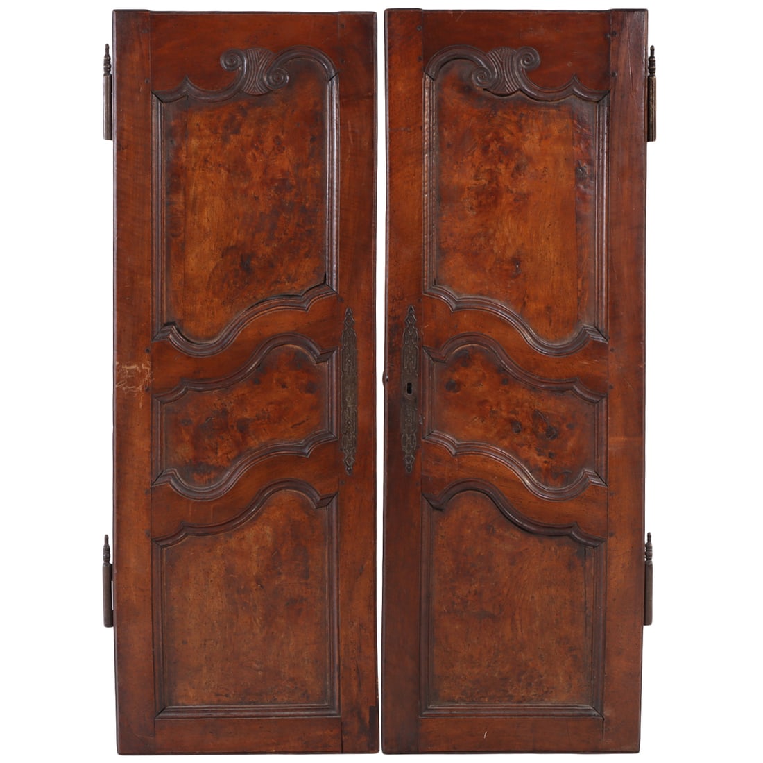 PAIR OF NINETEENTH CENTURY FRENCH WALNUT AND BURL WALNUT CABINET DOORS WITH STEEL HARDWARE. (1 of 7)