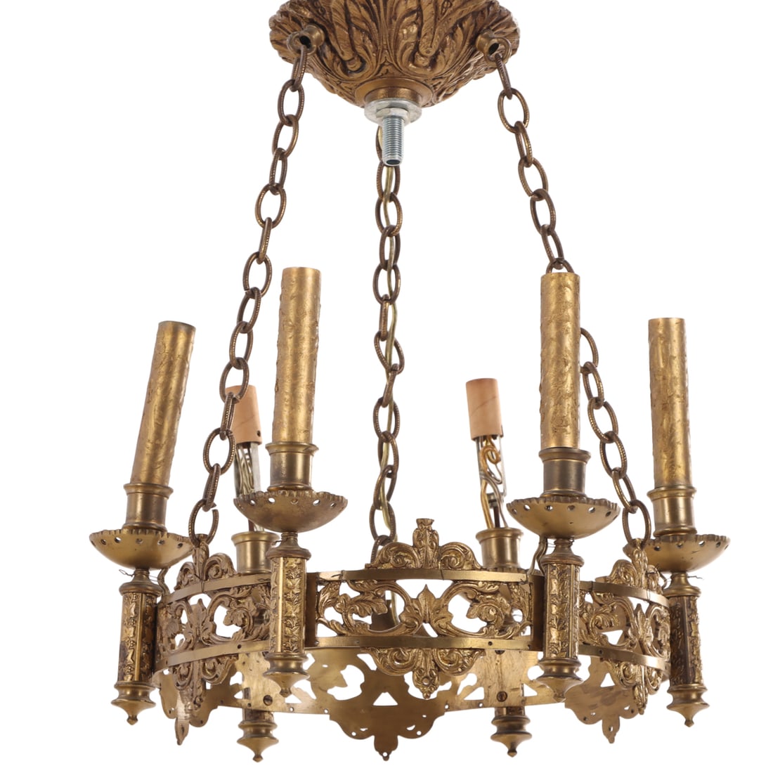 SIX ARM FRENCH BRASS CHANDELIER C 1940. (1 of 4)