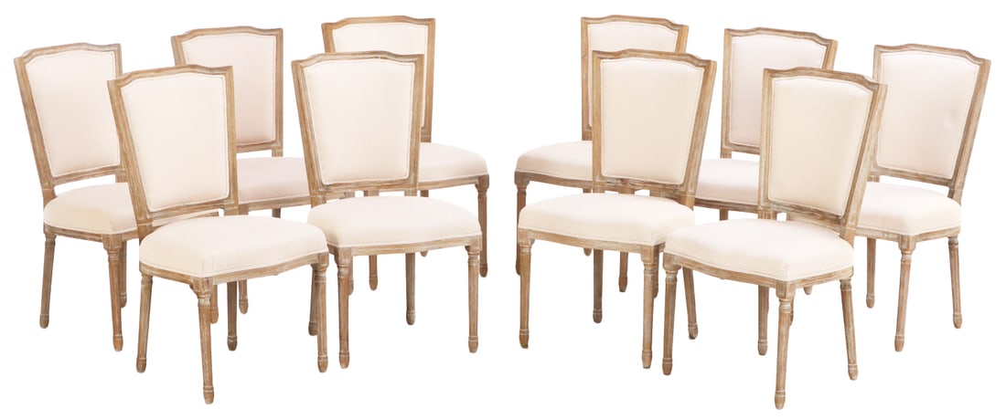 TEN LOUIS XVI STYLE CERUSED AND UPHOLSTERED DINING CHAIRS HAVING NEW FABRIC. (1 of 8)