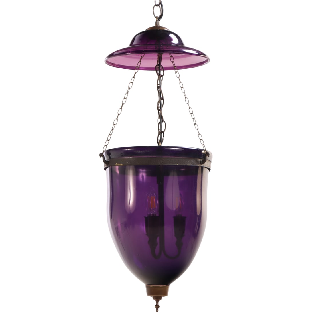 AMETHYST GLASS BELL JAR HALL LANTERN HAVING BRASS FIXTURES C 20TH CENTURY: Amethyst glass bell jar hall lantern having brass fixtures c 20th century Ht: 33" Wd: 13" Dpth: 13"