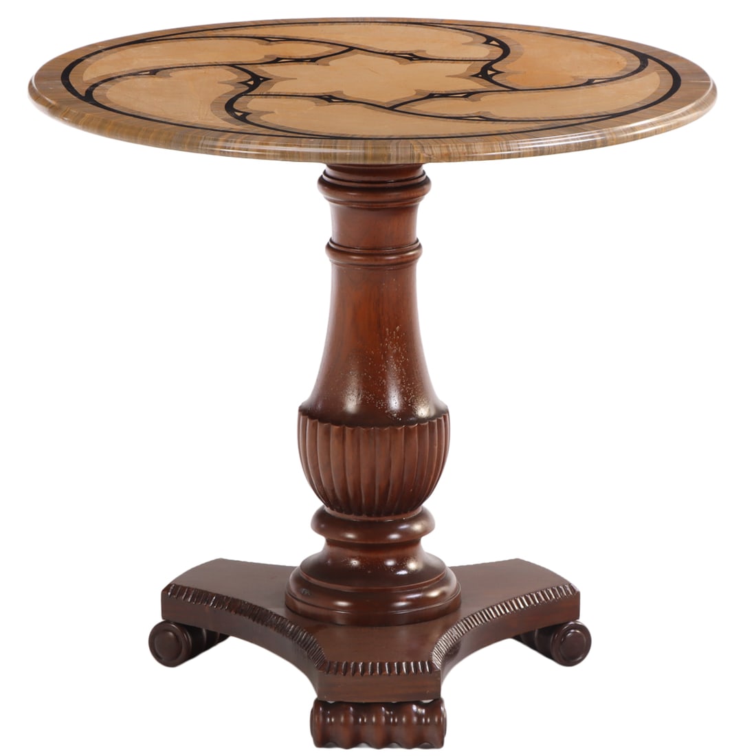 ENGLISH REGENCY STYLE PEDESTAL TABLE HAVING AN INLAID MARBLE TOP C 1950. (1 of 6)