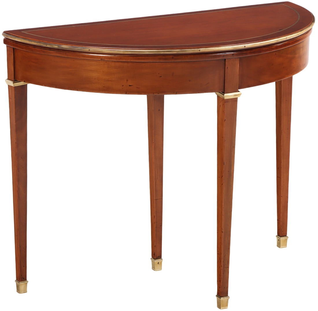 MAHOGANY BRONZE MOUNTED AND INLAID DEMILUNE CONSOLE TABLE THAT OPENS TO A GAMES TABLE C 1940. (1 of 5)