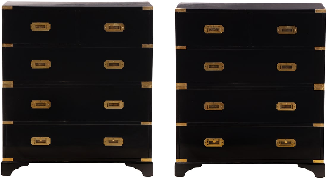 RARE PAIR OF EBONIZED MAHOGANY TWO PIECE CAMPAIGN STYLE CHEST OF DRAWERS C 1940. (1 of 5)