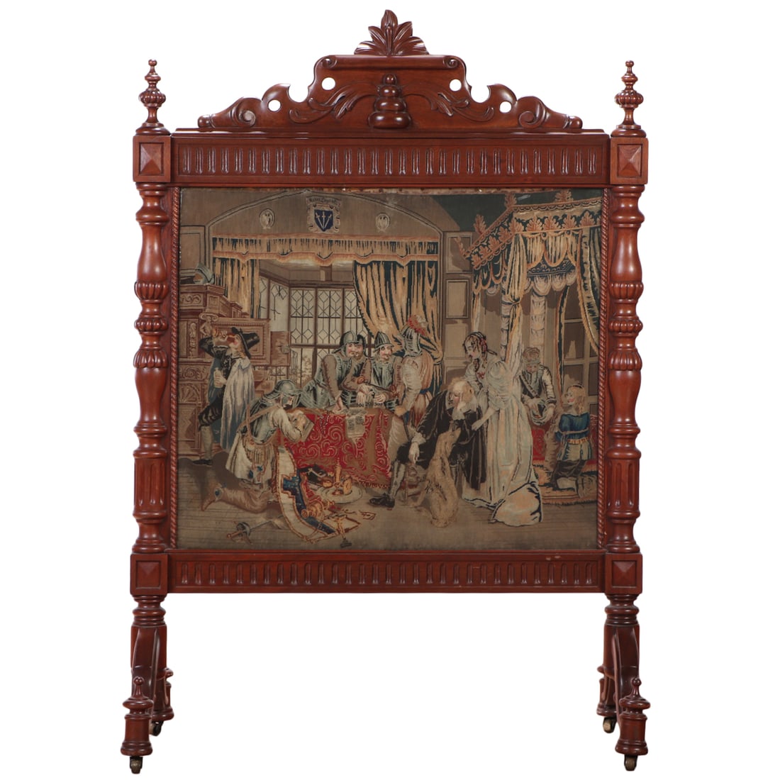 NINETEENTH CENTURY CARVED WALNUT FIRESCREEN HAVING A SCENIC NEEDLEPOINT PANEL C 1870.: Nineteenth century carved walnut firescreen having a scenic needlepoint panel C 1870. Ht: 55.5" Wd: 38.25" Dpth: 22"