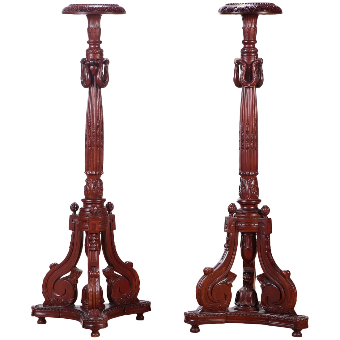 PAIR CARVED MAHOGANY PEDESTALS HAVING SWAG AND ACANTHUS LEAF CARVING.: Pair carved mahogany pedestals having swag and acanthus leaf carving. Ht: 57.5" Wd: 21" Dpth: 21"