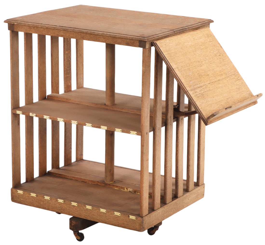OAK REVOLVING BOOKCASE WIRH MECHANICAL BOOKSTAND C 1900. (1 of 6)