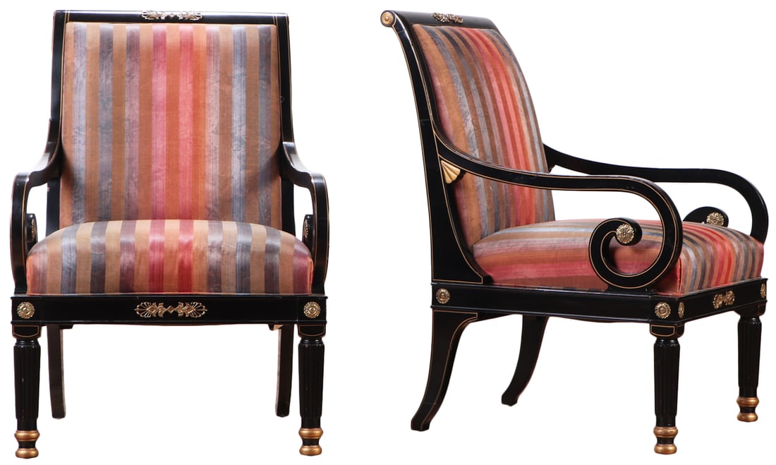 PAIR OF REGENCY STYLE BRONZE MOUNTED AND EBONIZED OPEN ARM CHAIRS WITH UPHOLSTERED BACKS AND SEATS. (1 of 7)