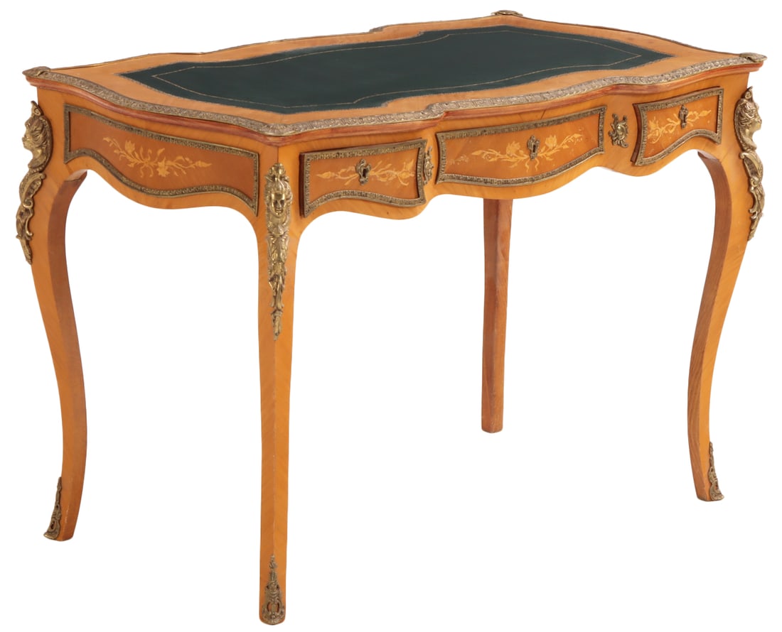 LOUIS XV STYLE BRONZE MOUNTED LEATHER TOP WRITING DESK. (1 of 6)