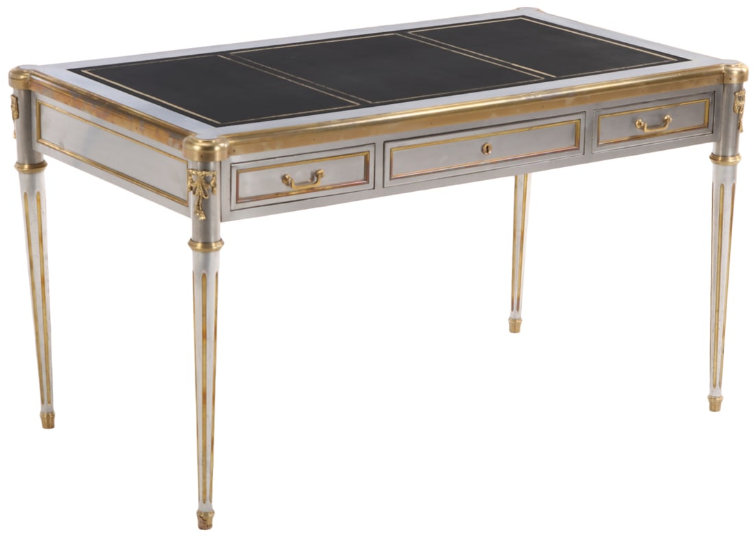 STAINLESS STEEL AND BRONZE LOUIS XVI STYLE DESK IN THE MANNER OF JOHN VESEY (AMERICAN 1924-1992) (1 of 5)