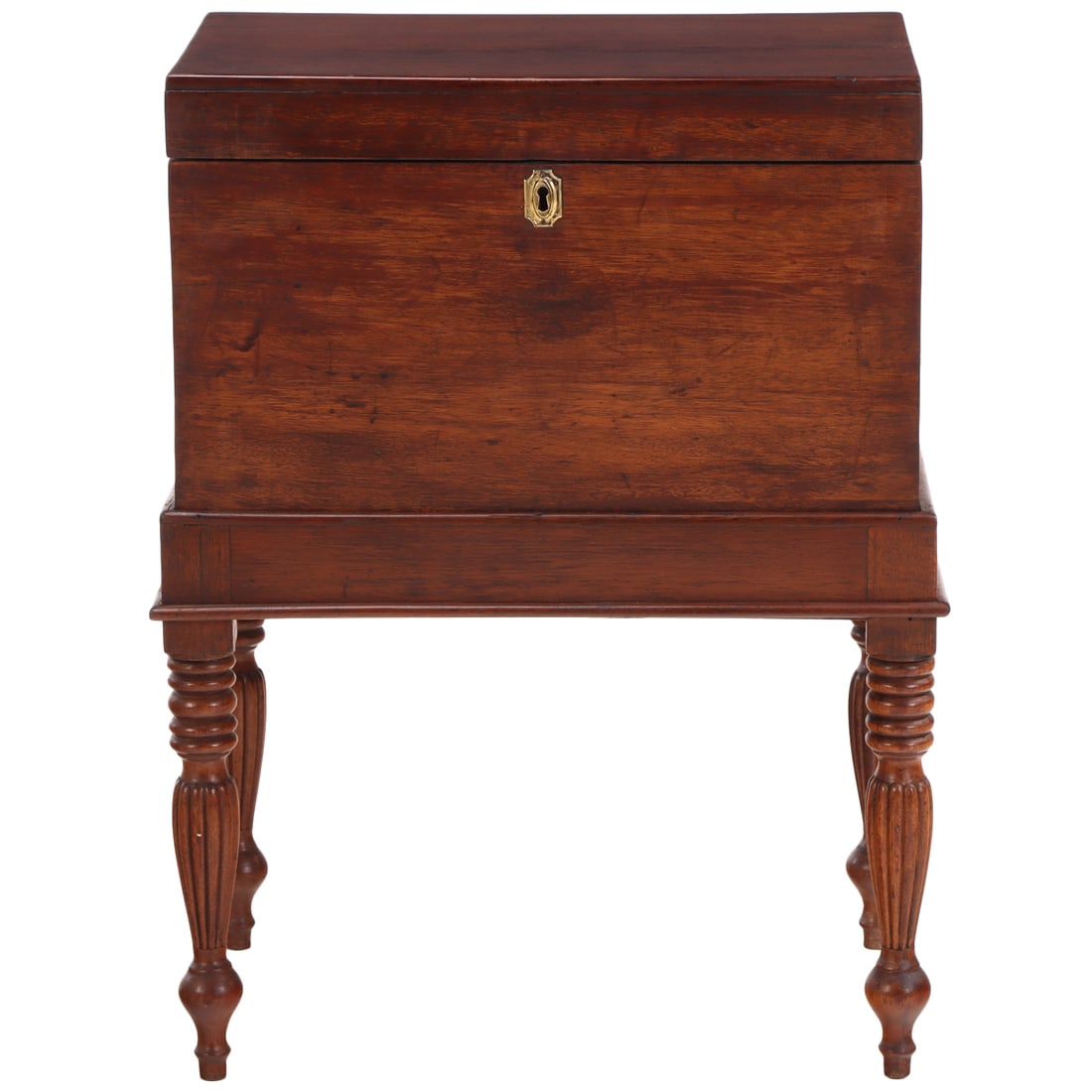 WILLIAM IV TWO PART MAHOGANY CELLARETTE ON STAND WITH REEDED LEGS.: William IV Two part mahogany cellarette on stand with reeded legs. Ht: 29.25" Wd: 22.75" Dpth: 15.5"