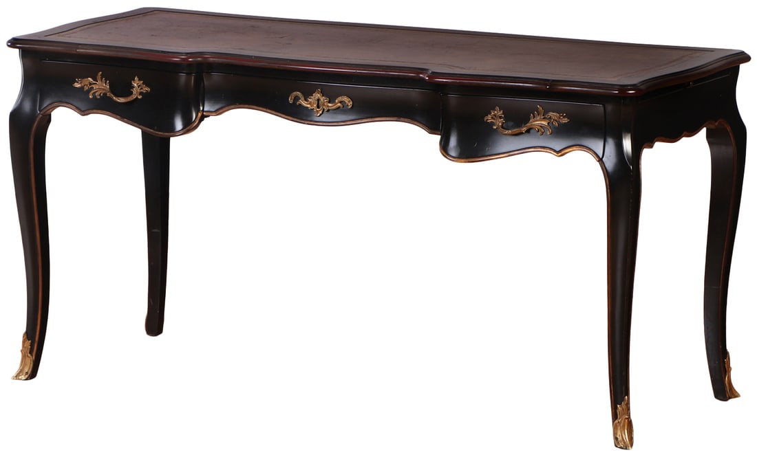EBONIZED LOUIS XV STYLE LEATHER TOP WRITING DESK HAVING THREE DRAWERS. (1 of 9)
