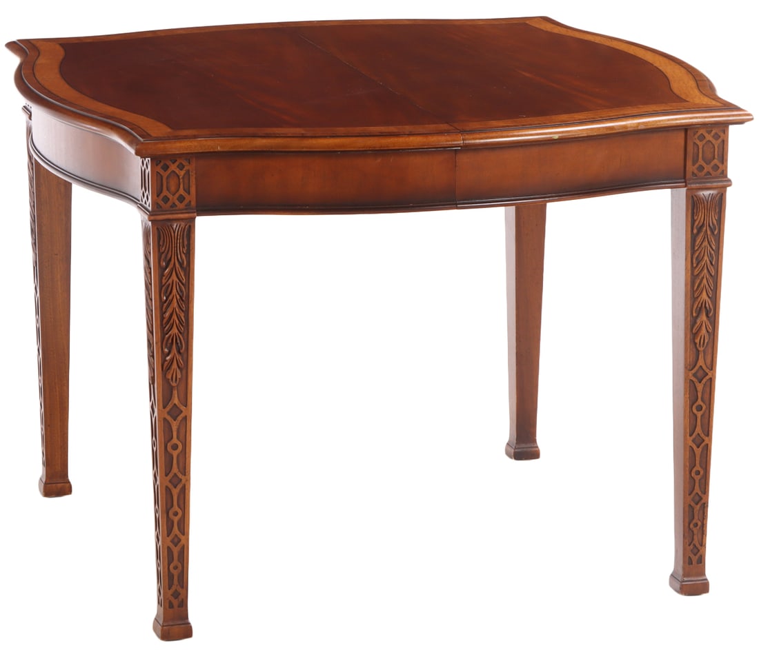 BANDED MAHOGANY CHINESE CHIPPENDALE STYLE DINING TABLE HAVING TWO ORIGINAL LEAVES BY HENREDON. (1 of 7)
