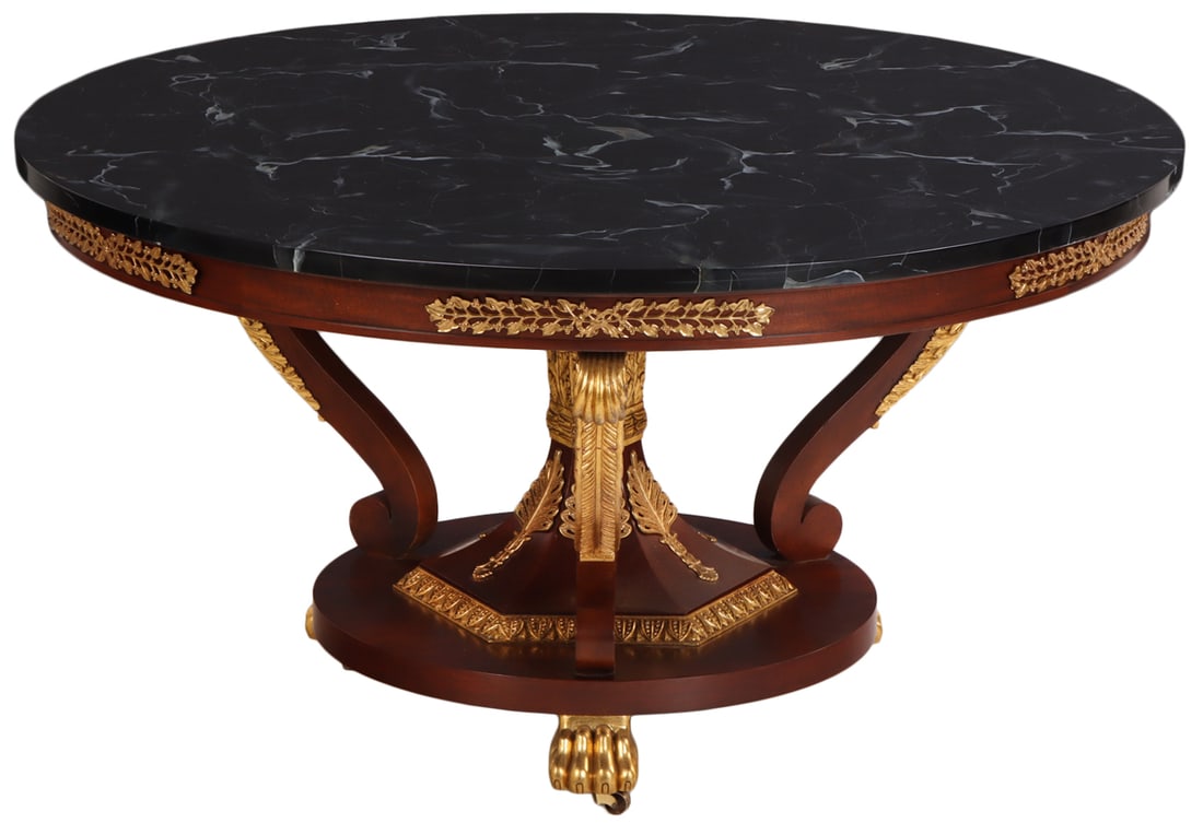 56" ROUND GILT MAHOGANY AND MARBLE TOP FRENCH EMPIRE STYLE CENTER TABLE BY BAKER. (1 of 8)