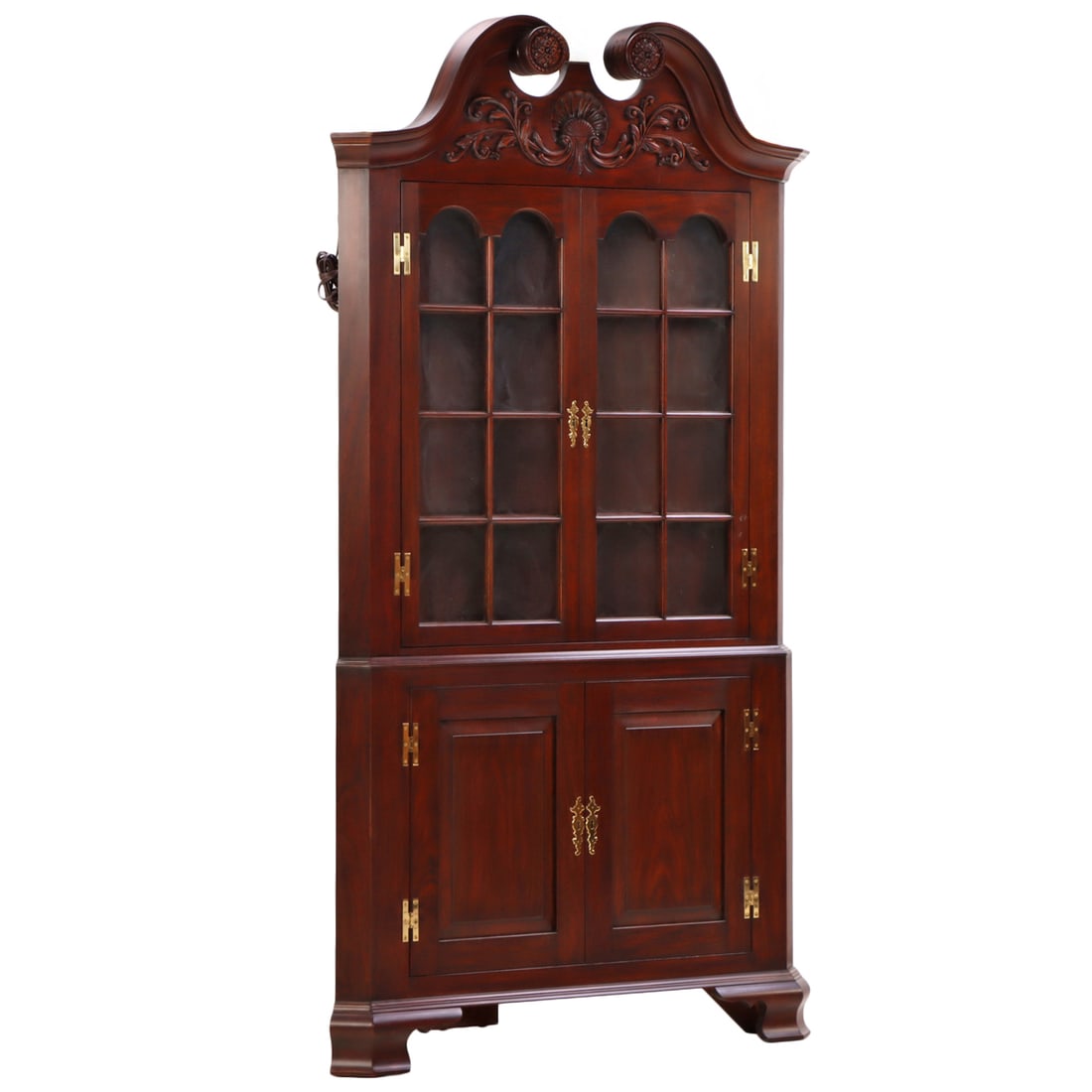 SOLID MAHOGANY CHIPPENDALE STYLE CORNER CABINET BY HENKEL HARRIS HAVING A BROKEN ARCH TOP, SHELL (1 of 8)