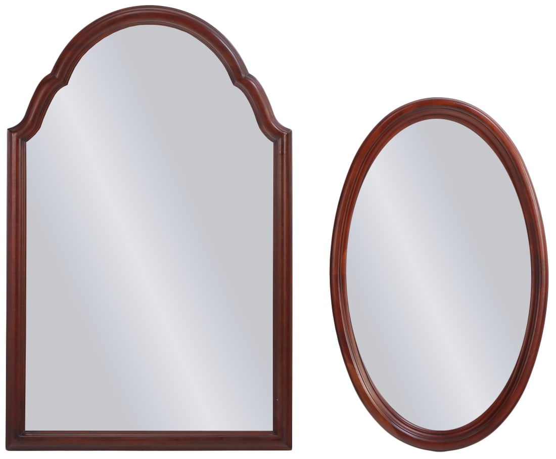 TWO MAHOGANY WALL MIRRORS. THE LARGER LABELED HENKEL HARRIS, (1 of 7)
