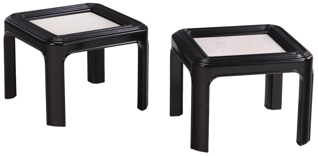 EBONIZED WOOD PAIR OF END TABLES HAVING AN INSET WHITE MARBLE TOP C 1960.: Ebonized wood pair of end tables having an inset white marble top C 1960. Ht: 18" Wd: 24" Dpth: 24"