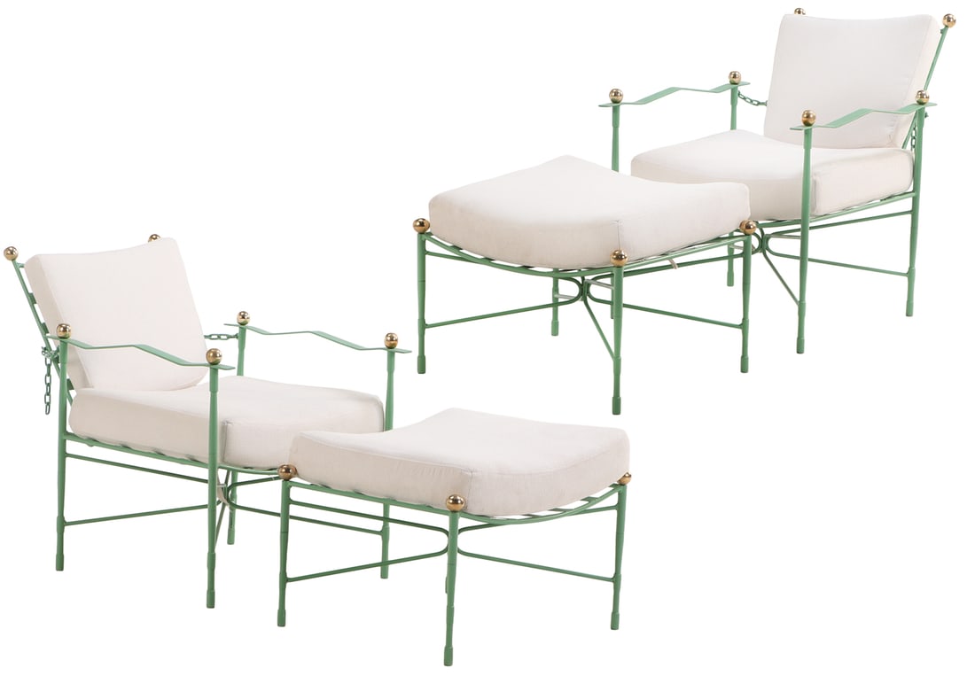 A PAIR OF AMALFI PAINTED IRON AND BRASS ADJUSTABLE ARM CHAIRS WITH OTTOMANS DESIGNED BY MARIO: A pair of Amalfi painted iron and brass adjustable arm chairs with ottomans designed by Mario Papperzini. Chair reclines to a depth of 42.5". Stool- Ht: 18", Wd: 26", Dpth: 22.5". Ht: 34.5" Wd: 26" Dp