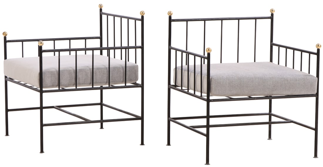 ELEGANT PAIR OF PAINTED IRON LOUNGE CHAIRS IN THE MANNER OF JEAN-MICHEL FRANK WITH LOOSE CUSHION: Elegant pair of painted iron lounge chairs in the manner of Jean-Michel Frank with loose cushion upholstery. Ht: 32" Wd: 26.25" Dpth: 25" Seat: 19"