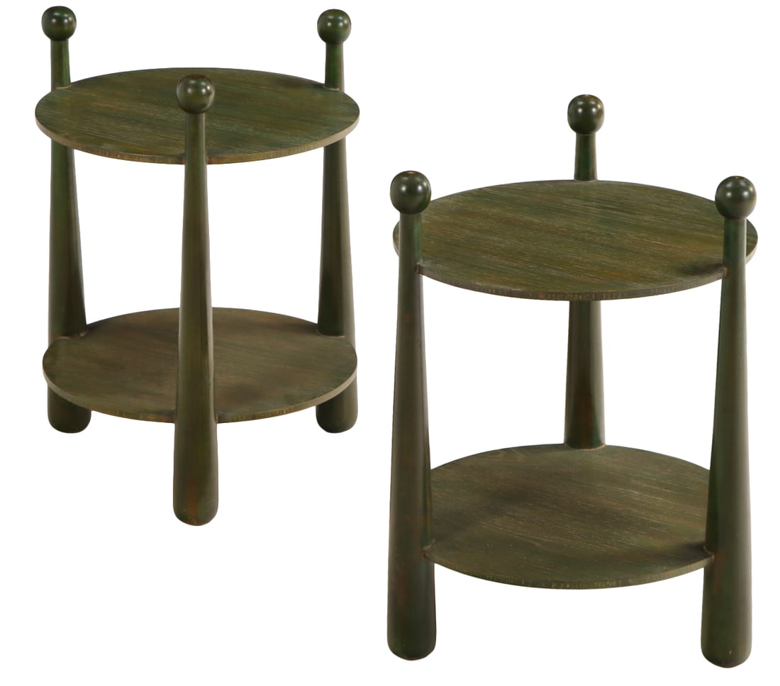 PAIR ROUND END TABLES WITH BAT FORM LEGS AND SLIGHT GREEN TINT IN THE MANNER OF JEAN ROYERE,: Pair round end tables with bat form legs and slight green tint in the manner of Jean Royere, Ht: 26.25" Wd: 19.5" Dpth: 19.5"