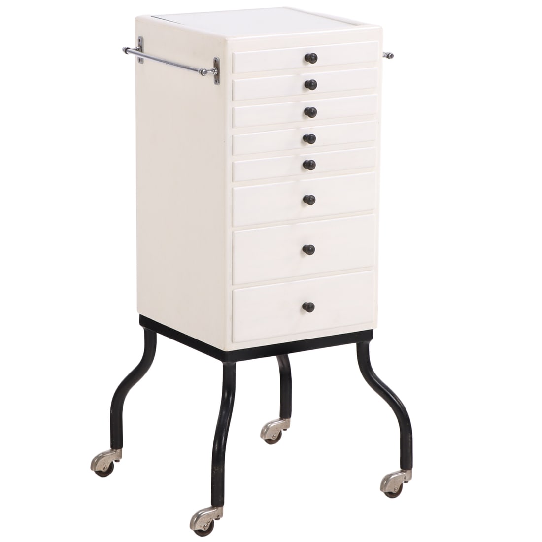 A STYLISH DENTAL CABINET HAVING EIGHT GRADUATING PAINTED WHITE DRAWERS RESTING ON AN IRON STAND: A stylish dental cabinet having eight graduating painted white drawers resting on an iron stand with caster wheels. Ht: 38" Wd: 17.5" Dpth: 17.5"