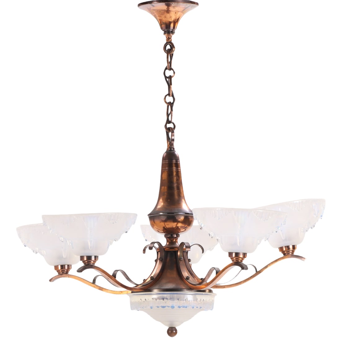 FRENCH ART DECO FIVE LIGHT CHANDELIER HAVING BLUE GLASS SHADES C 1940.: French Art Deco five light chandelier having blue glass shades C 1940. Ht: 29" Wd: 27" Dpth: 27"