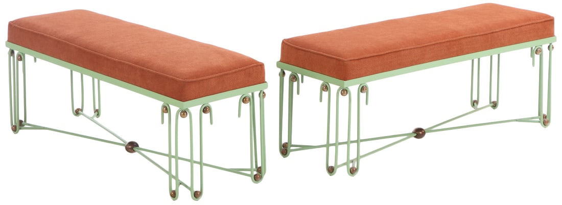 PAIR OF PAINTED IRON AND BRASS UPHOLSTERED BENCHES IN THE MANNER OF JEAN ROYERE.: Pair of painted iron and brass upholstered benches in the manner of Jean Royere. Ht: 19" Wd: 47" Dpth: 16"