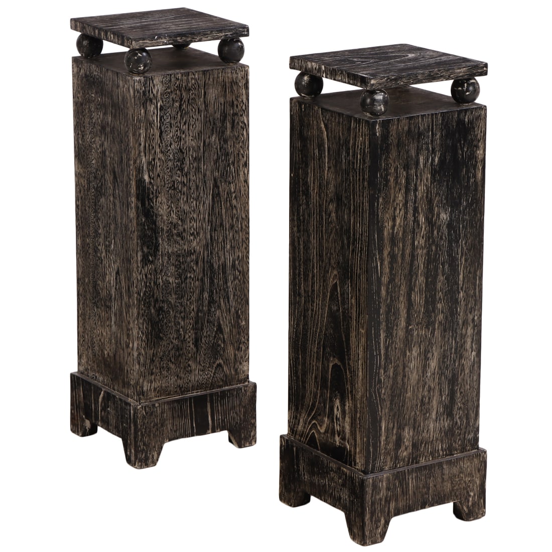 PAIR OF CERUSED OAK PEDESTALS RESTING ON SPHERES.: Pair of cerused oak pedestals resting on spheres. Ht: 39.5" Wd: 12.75" Dpth: 12.75"