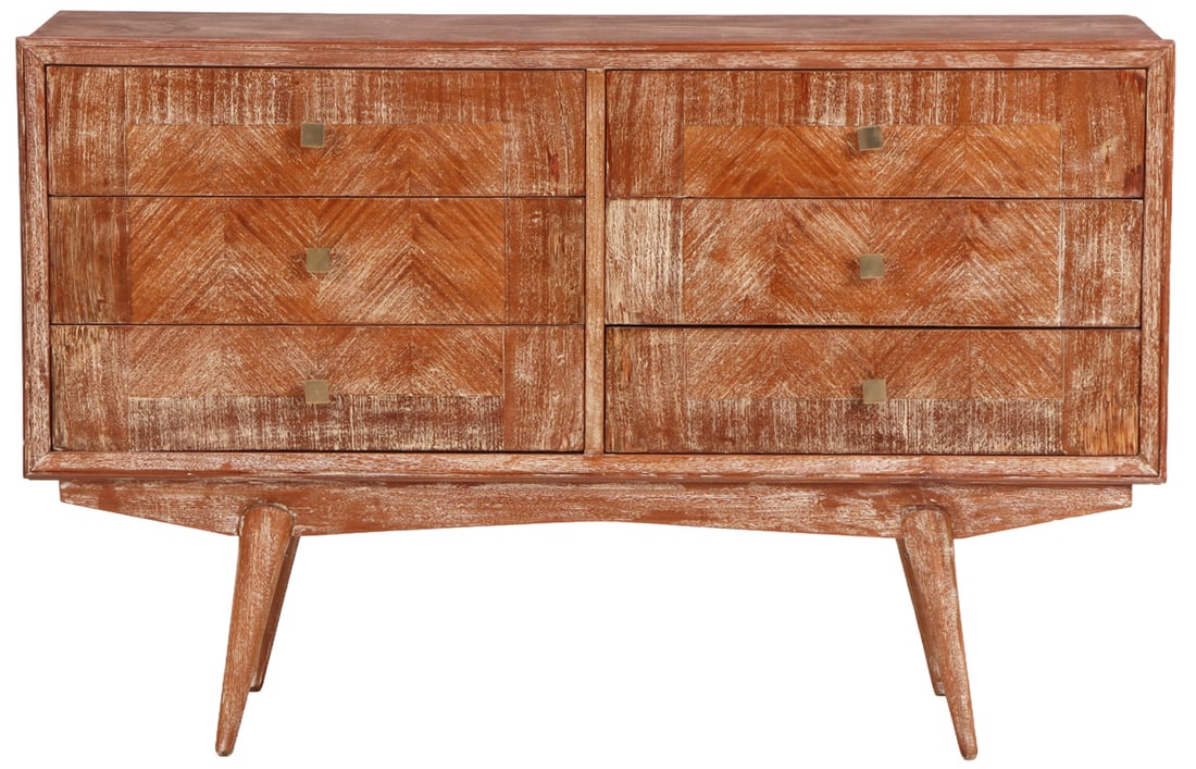 A CERUSED MAHOGANY SIX DRAWER DRESSER WITH BRASS HARDWARE C 1960.: A cerused mahogany six drawer dresser with brass hardware C 1960. Ht: 31.5" Wd: 49.25" Dpth: 18.25"