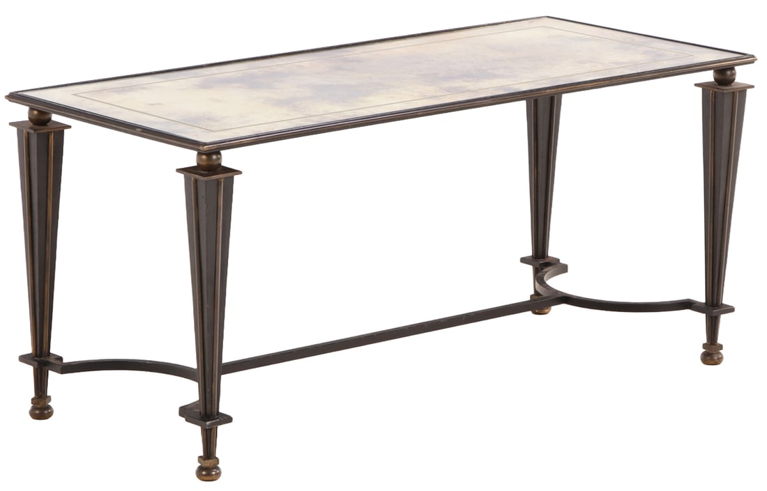 FRENCH BRONZE AND IRON MIRRORED TOP COFFEE TABLE IN THE MANNER OF ANDRE ARBUS C 1950.: French bronze and iron mirrored top coffee table in the manner of Andre Arbus C 1950. Ht: 20.5" Wd: 44.5" Dpth: 20"