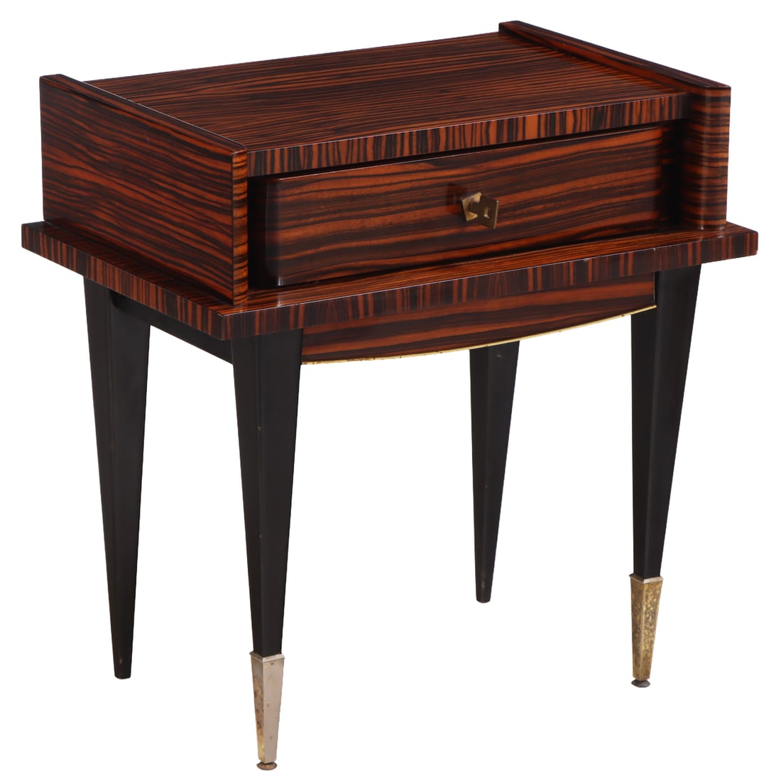 FRENCH EBONY MACASSAR TABLE HAVING A SINGLE DRAWER C 1960.: French ebony macassar table having a single drawer C 1960. Ht: 22.5" Wd: 21.75" Dpth: 14"