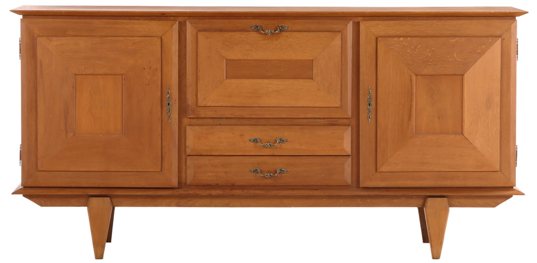 A SIMPLE FRENCH OAK SIDEBOARD HAVING TWO DOORS AND A FALL FRONT BAR SECTION C 1945. (1 of 6)