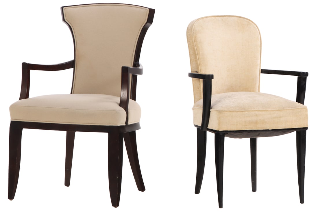 A LOT OF TWO FRENCH EBONIZED ARM CHAIR C 1950 IN THE MANNER OF ANDRE ARBUS.: A lot of two French ebonized arm chair C 1950 in the manner of Andre Arbus. Second chair- Ht:35.25", Wd: 22", Dpth: 23.5", Seat: 21". Ht: 37.25" Wd: 23" Dpth: 26" Seat: 20"